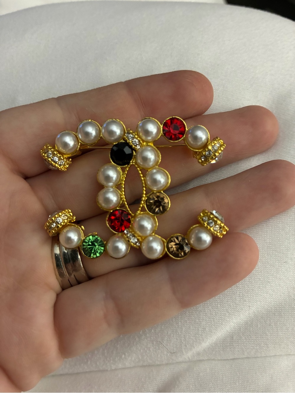 Pearl and Multicolor Crystal Logo Brooch - Gold Finish